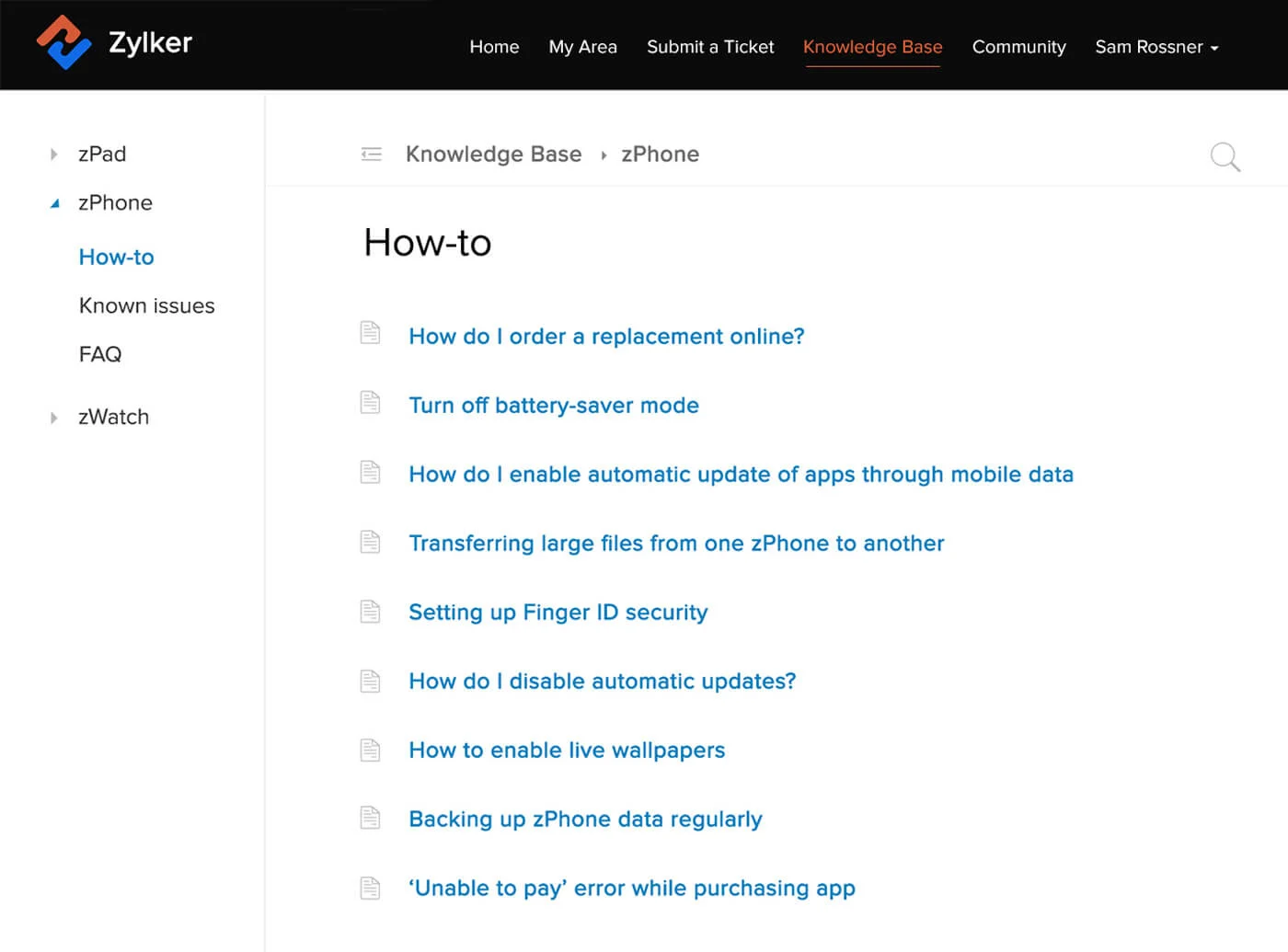 An example of Zoho Desk's customized knowledge base.