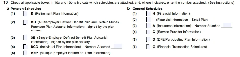 Snippet of Form 5500 highlighting Part 2 Section 10