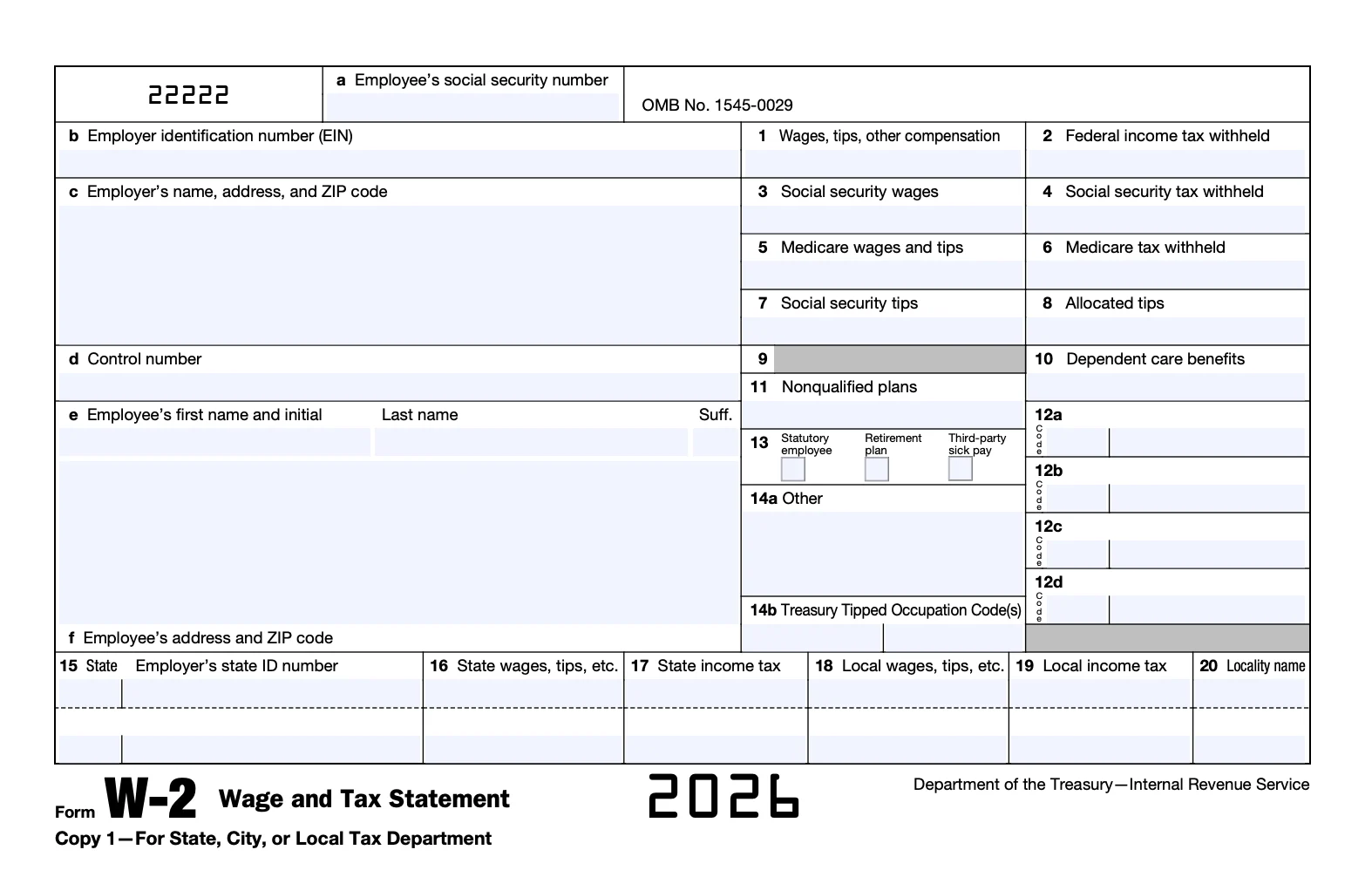 W-2 Form - Wage and Tax Statement 2026