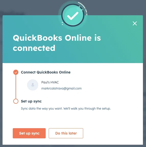 Confirmation that QuickBooks Online is successfully connected to HubSpot.