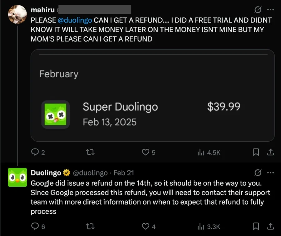 Duolingo replying to a customer concern on X.