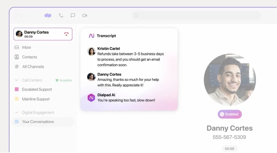 Dialpad dashboard with an AI tool transcribing a live conversation.