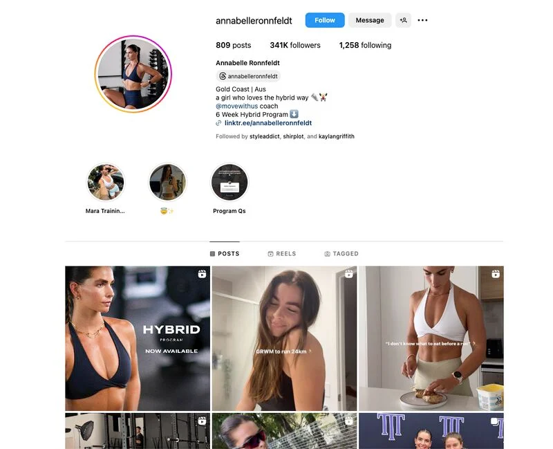 @annabelleronnfeldt's Instagram page with story highlights and top six posts.