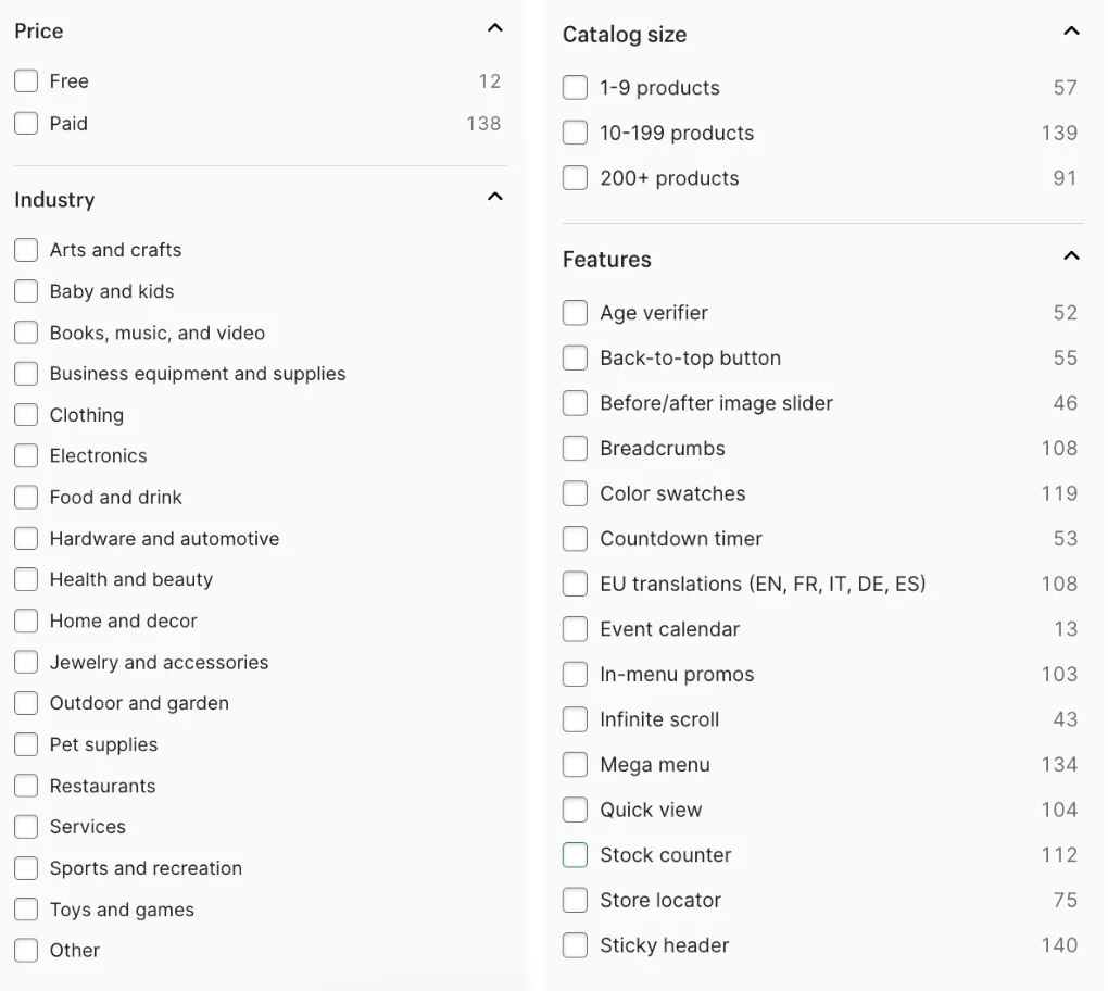 Shopify theme store filters, by price, by industry, by product catalog size, and by site features.