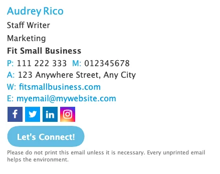 Example of an email signature created on the free DesignHill email signature generator.