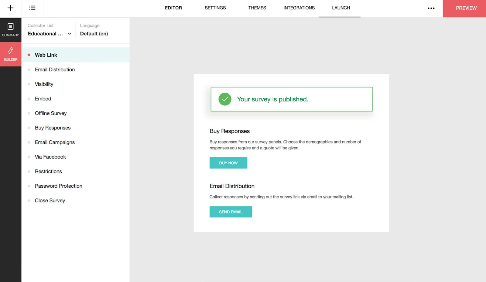 An open Zoho Survey window showing a confirmation popup that the survey created has been published.
