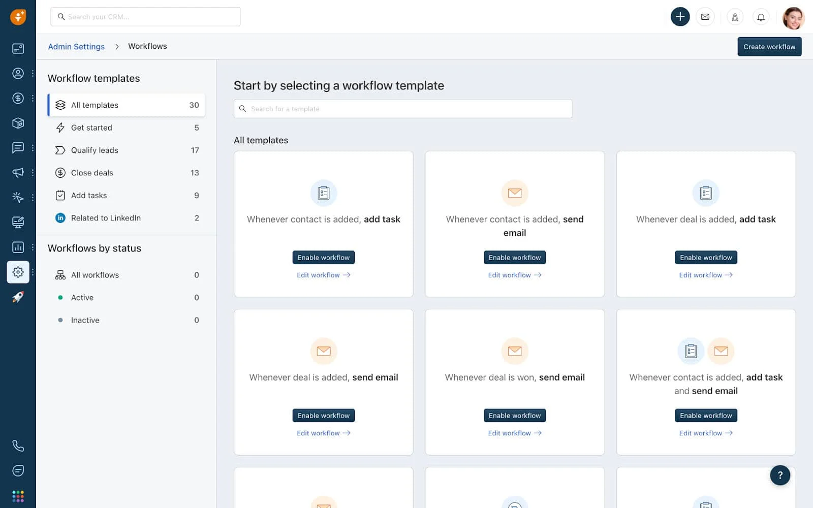 Examples of Freshsales' pre-set templates that users can customize to automate workflows.