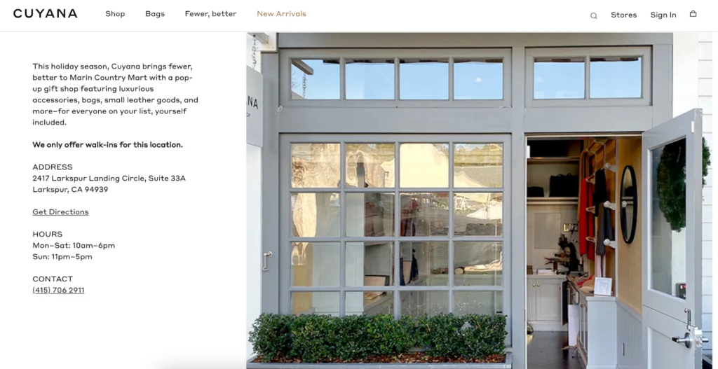 Cuyana's website with pop-up information