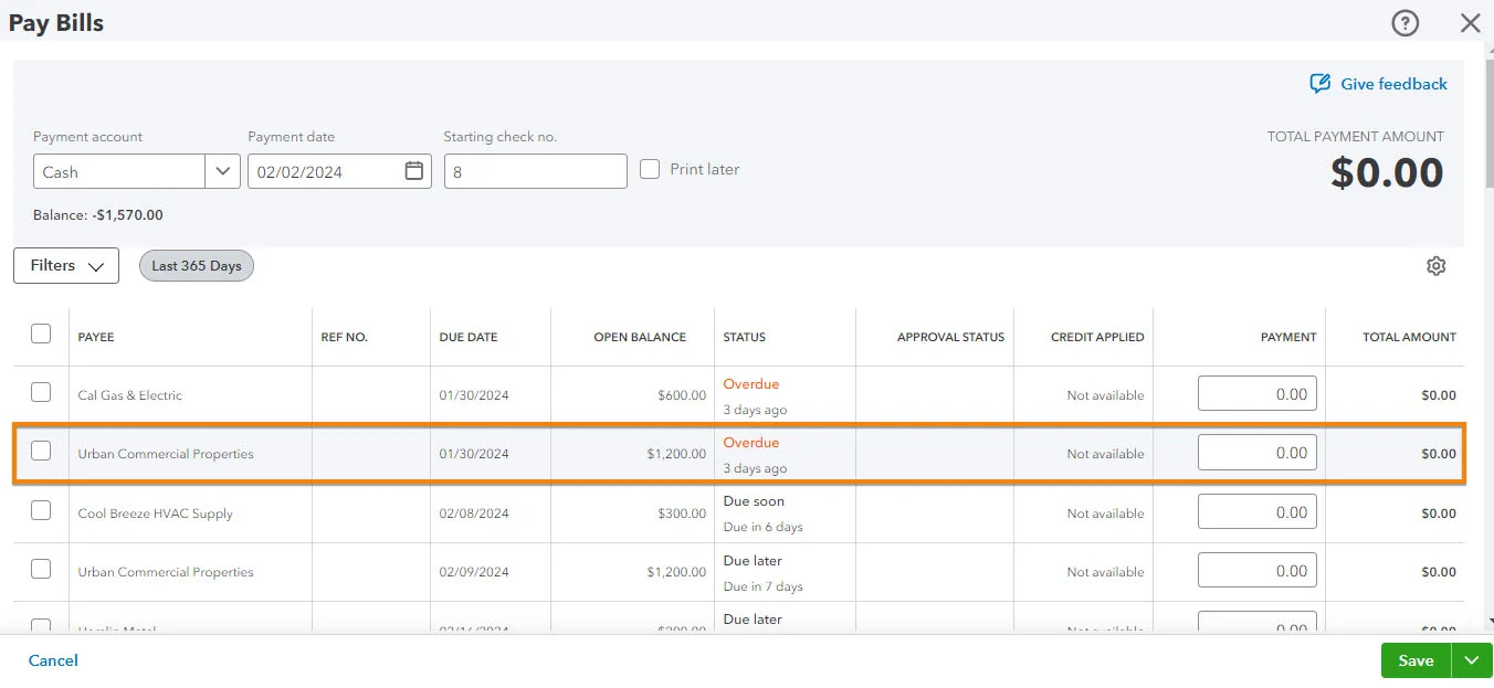 Pay Bills screen in QuickBooks Online highlighting a vendor bill.