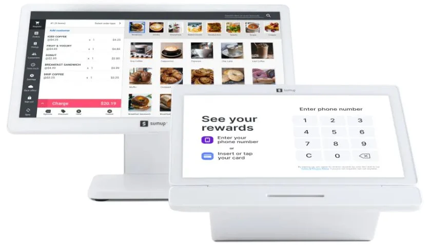 SumUp's pair of POS hardware opions with sample menu and checkout register display.
