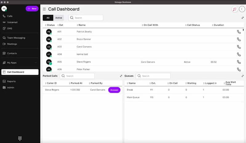 Vonage Business interface showing the call dashboard, which has dedicated panels for active calls, parked calls, and call queues.