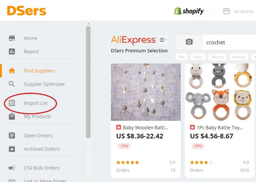 Showing import list on the navigation sidebar.