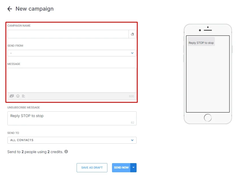800.com SMS campaign setup screen with fields for campaign details and a phone preview.