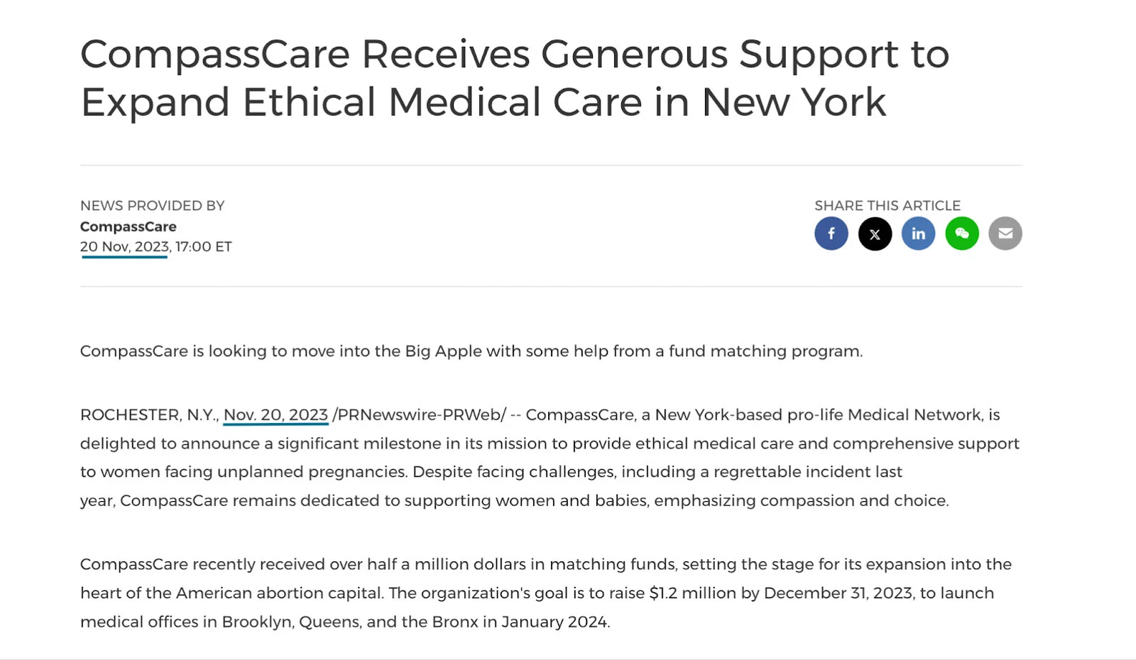 Sample press release with release dates from CompassCare.