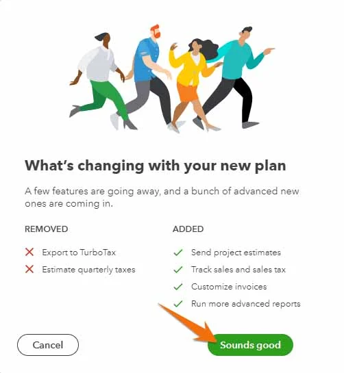 Screen in Self-Employed showing the Sounds good button to proceed to QuickBooks Online conversion.