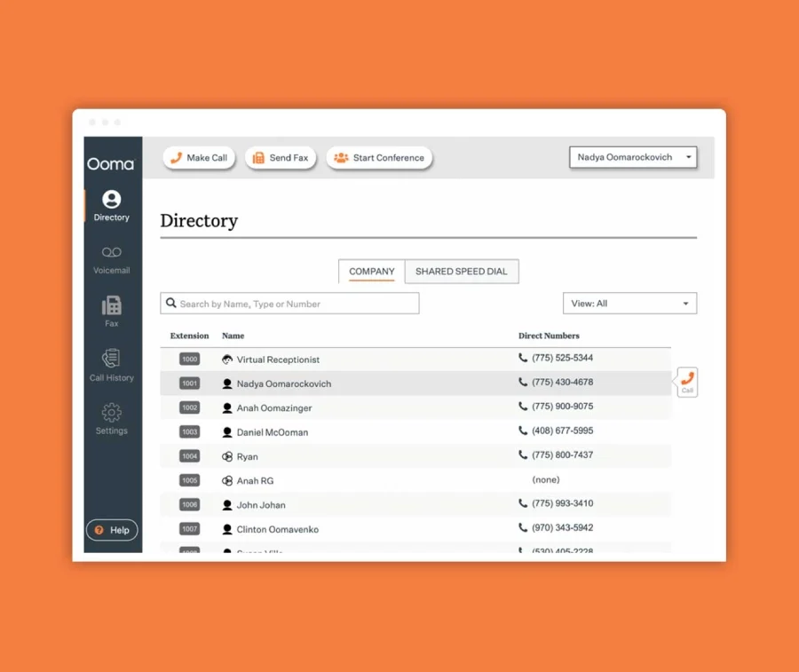 Ooma company directory with list of names, extensions, and direct phone numbers.
