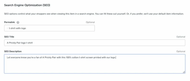 Square SEO sample of an item’s permalink, title, and SEO description.