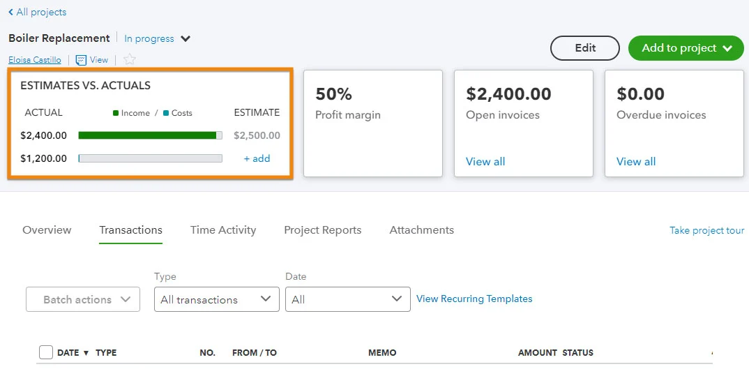 Project dashboard in QuickBooks Online Advanced showing estimates vs actuals.