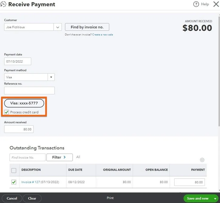 Receive Payment screen with credit card information.