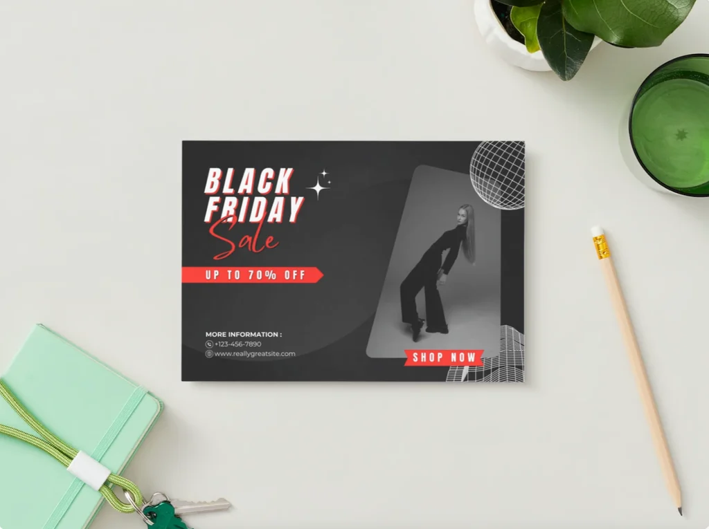 A sample postcard announcing a Black Friday sale.