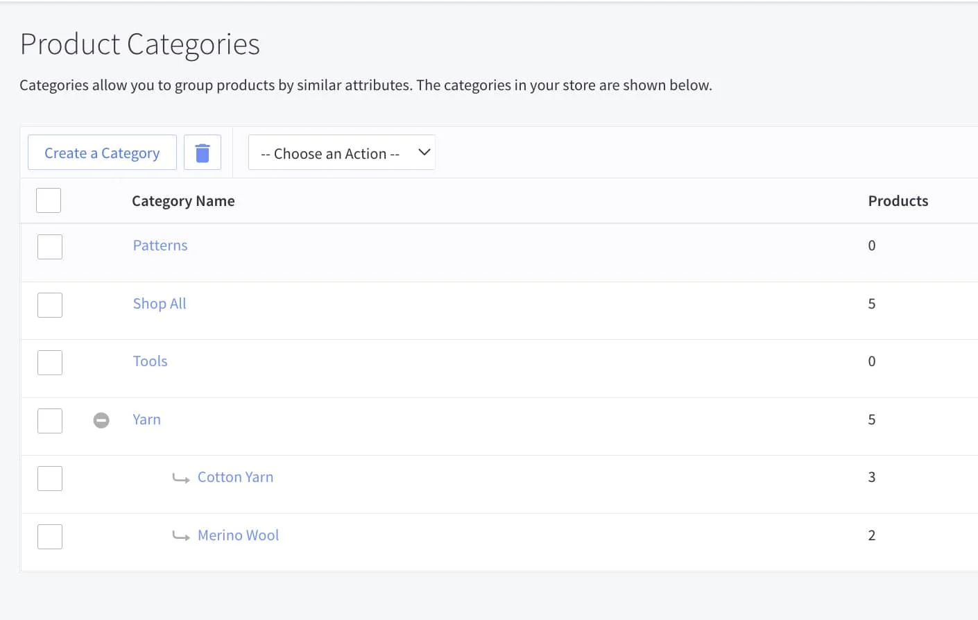 Product categories page on BigCommerce.