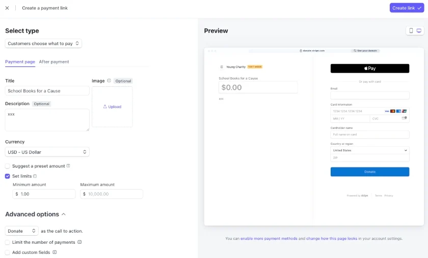 Stripe payment link set up for donations.