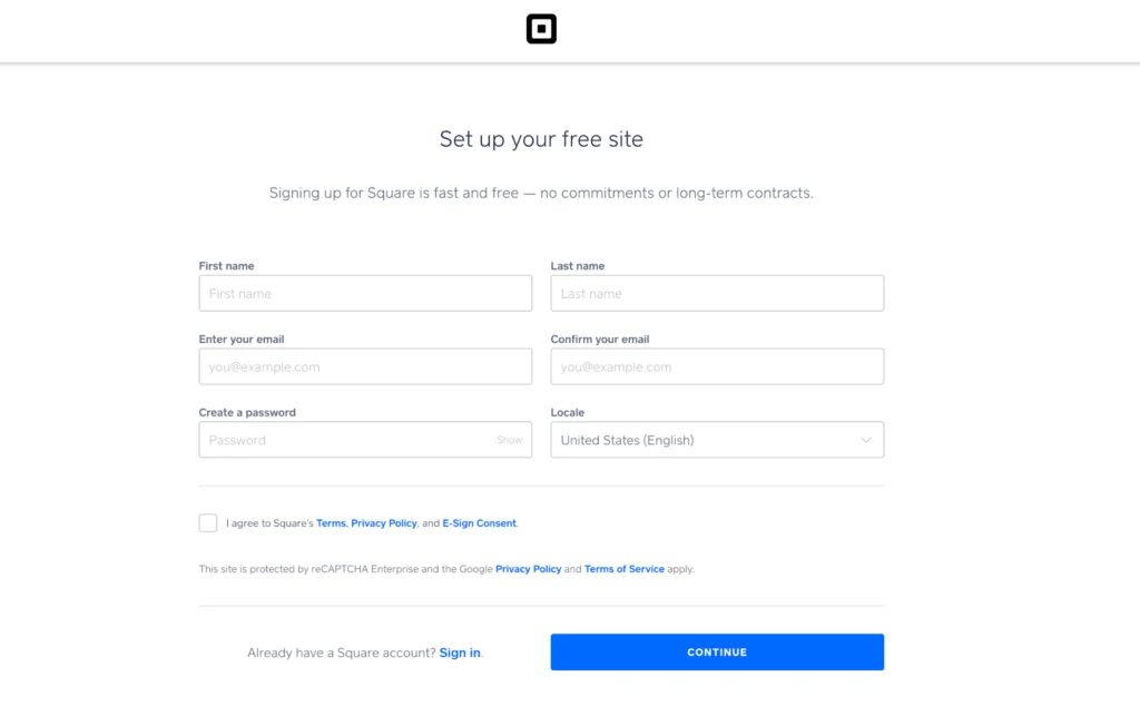 Square online sign up form