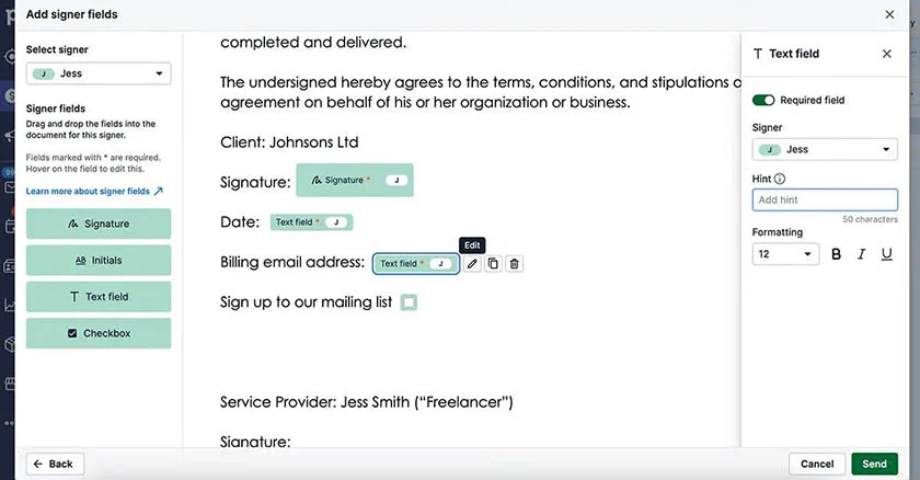 Pipedrive's dashboard where users can add signer fields for creating a signable business proposal with SmartDocs.