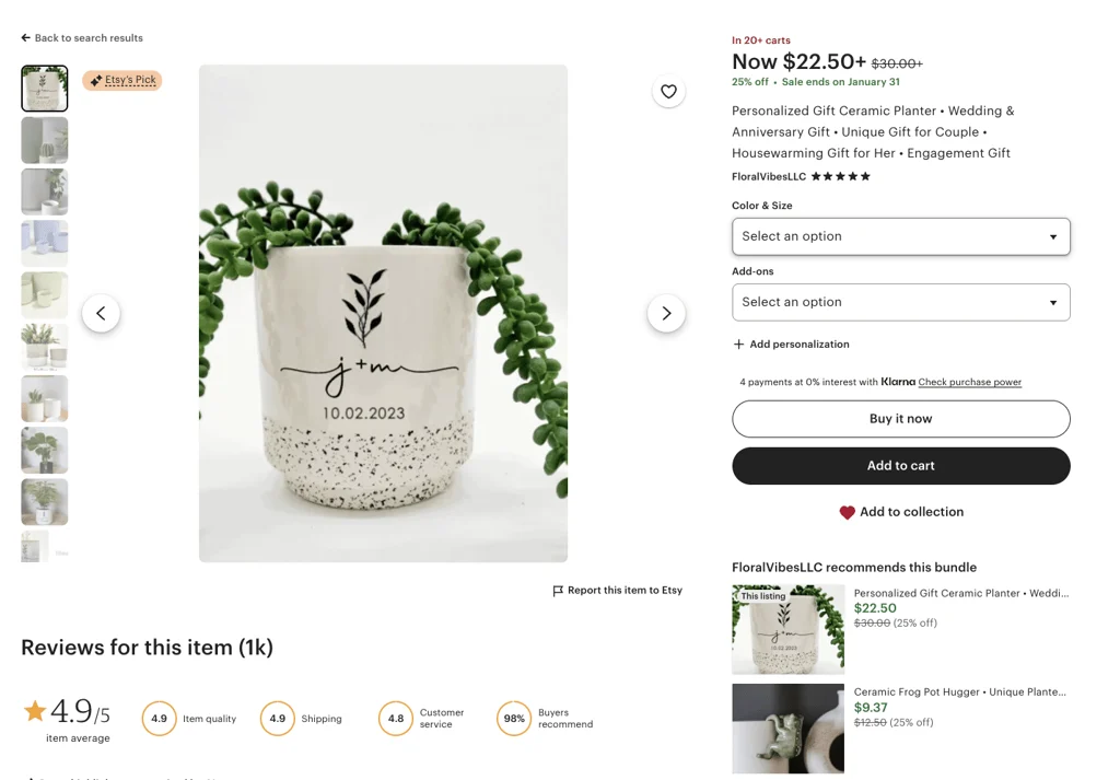 Personalized ceramic planter with custom initials and date, featuring a minimalist design commonly sold on Etsy.