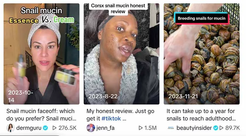 TikTok videos of snail mucin skin products.