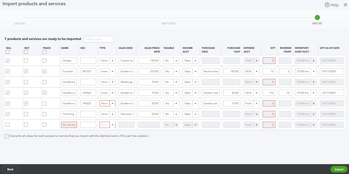 Screen where you finalized mapped fields before importing products and services into QuickBooks