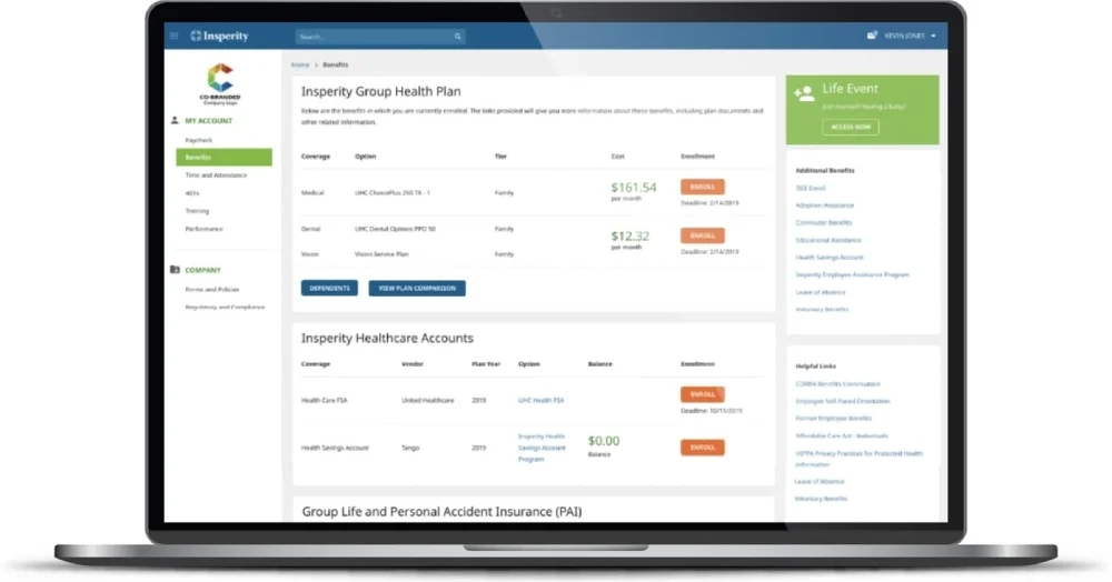 Health benefits dashboard with plan options and cost.