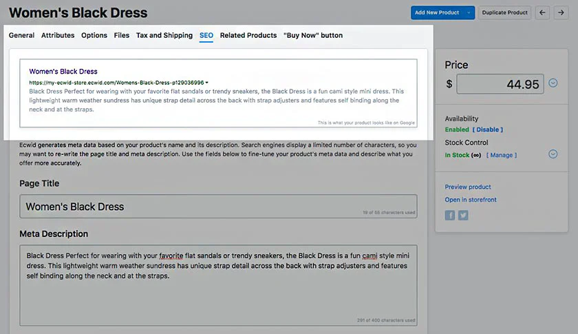 Ecwid set up SEO on product pages