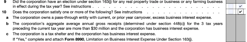 Form 1120S, Schedule B, Questions 9 and 10.