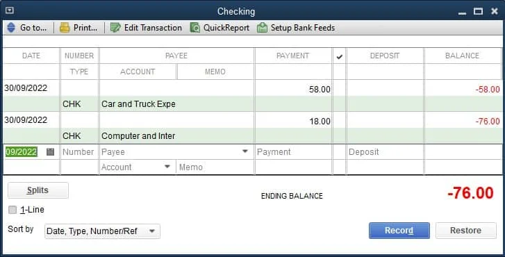 Transactions in the checking account register.