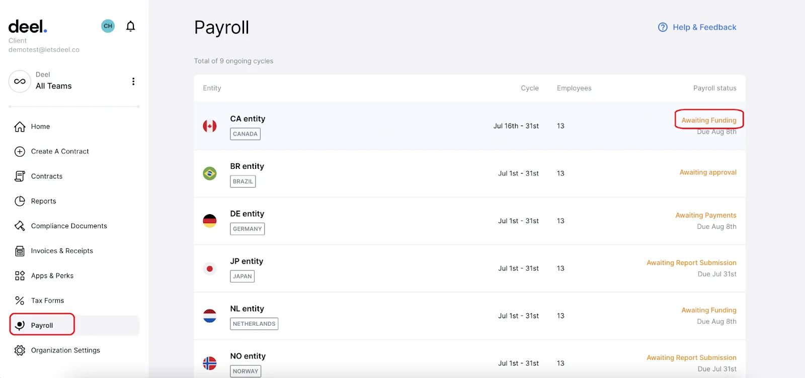 A screenshot that shows Deel's payroll dashboard and payment status updates.