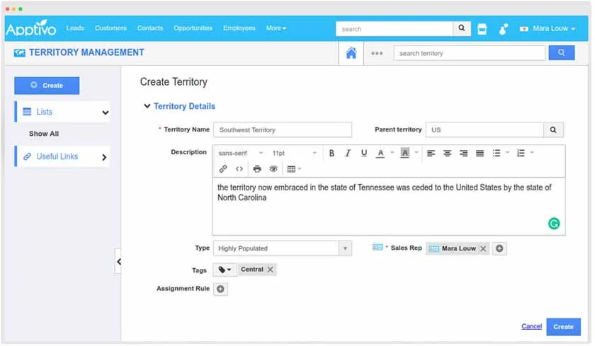 Creating a sales territory in Apptivo.
