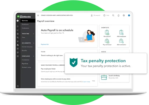 Quickbooks dashboard with Tax Penalty protection active.