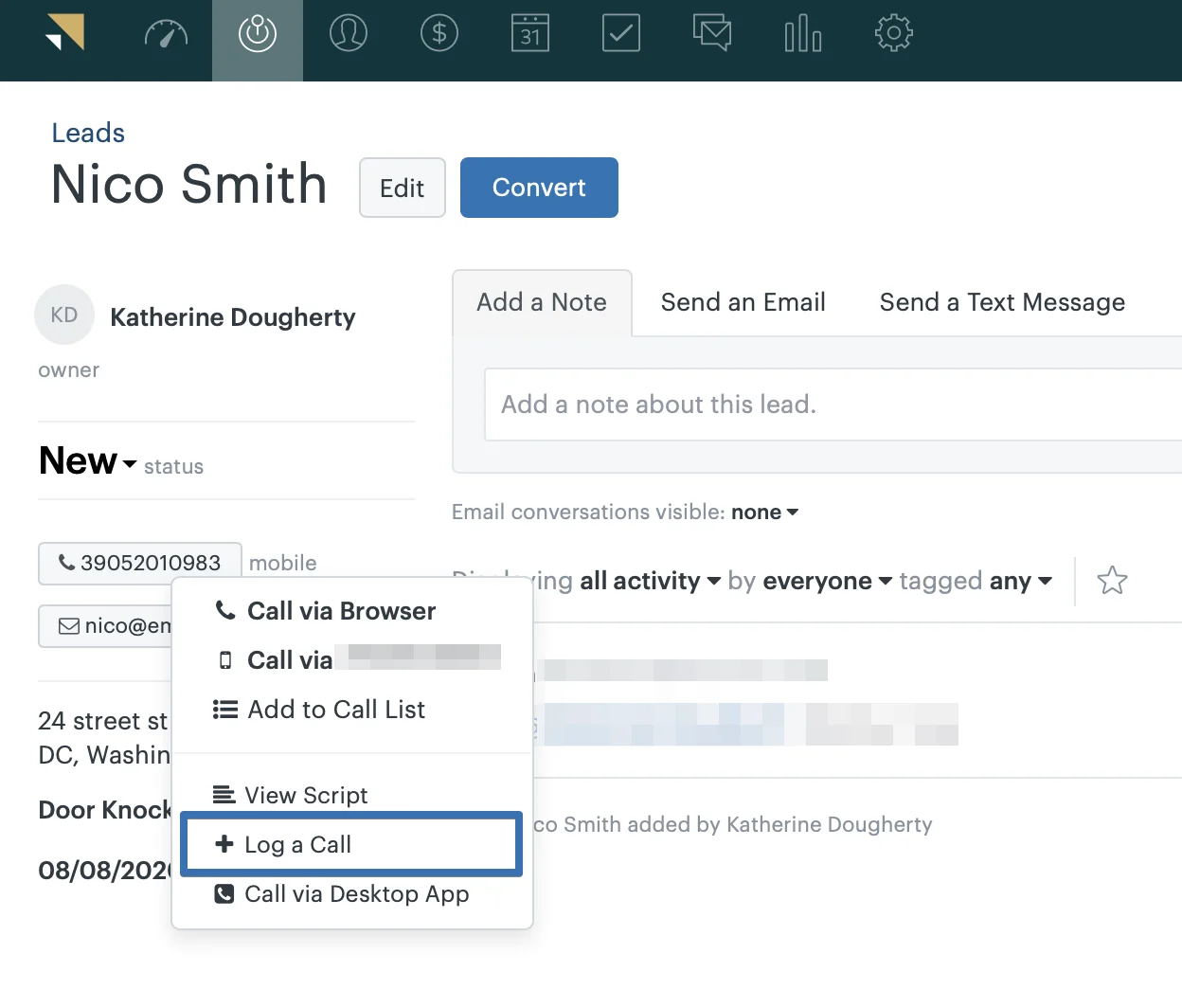 Zendesk Sell's "Log a Call" feature, which allows users to make calls and automatically record them.