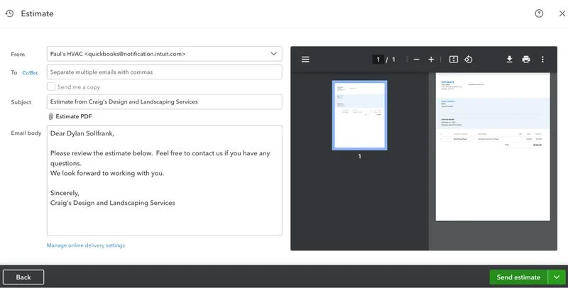 Screen where you can review your estimate email before sending the estimate to your customer.