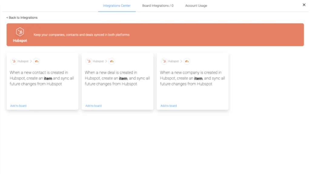 HubSpot integration page with board automation instructions.