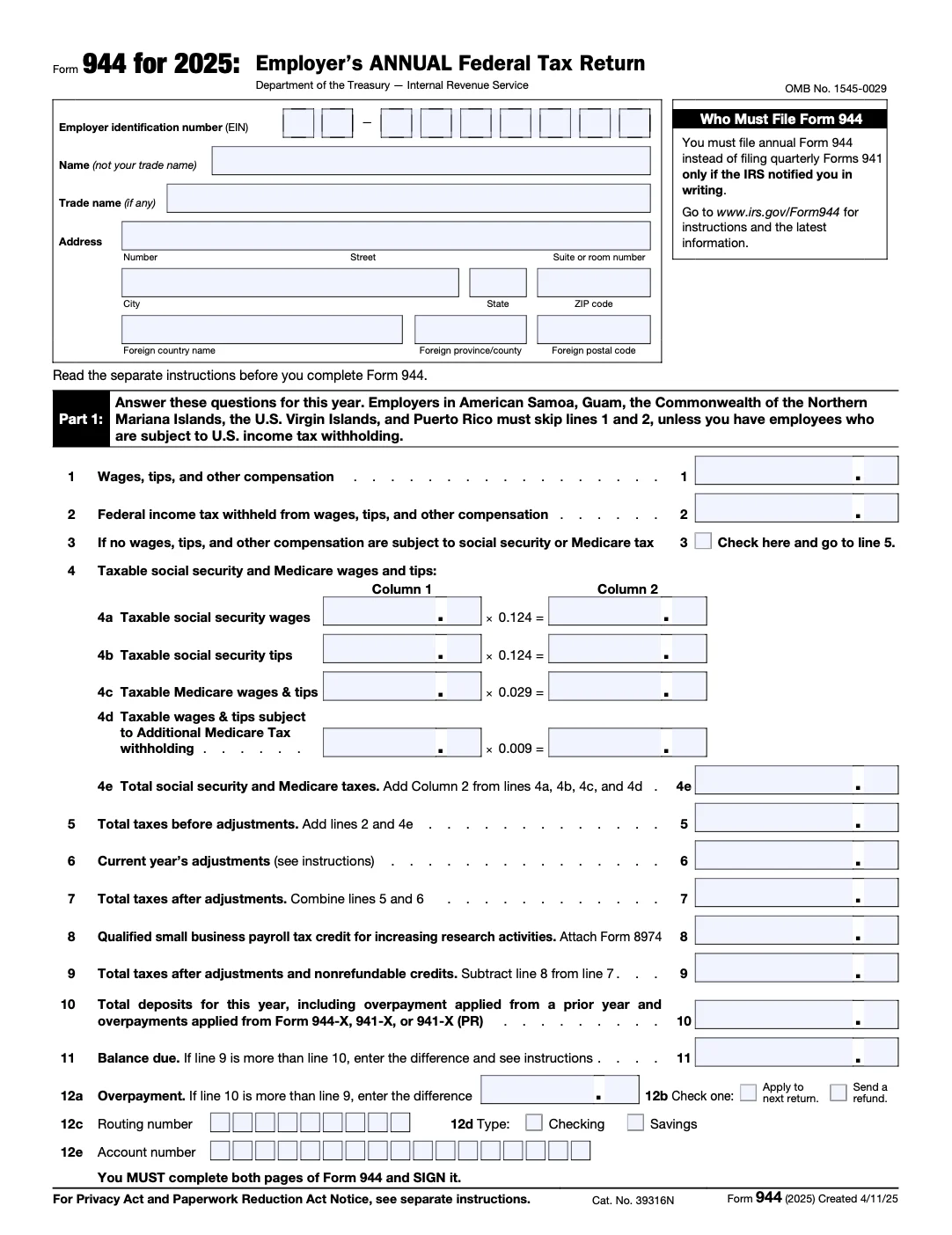 Form 944 - Employer’s Annual Federal Tax Return