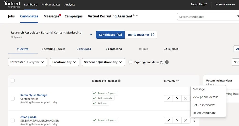 Indeed's candidates dashboard.