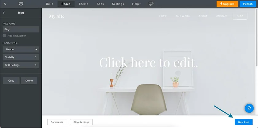 Choosing the "New Post" button to start a new blog post.