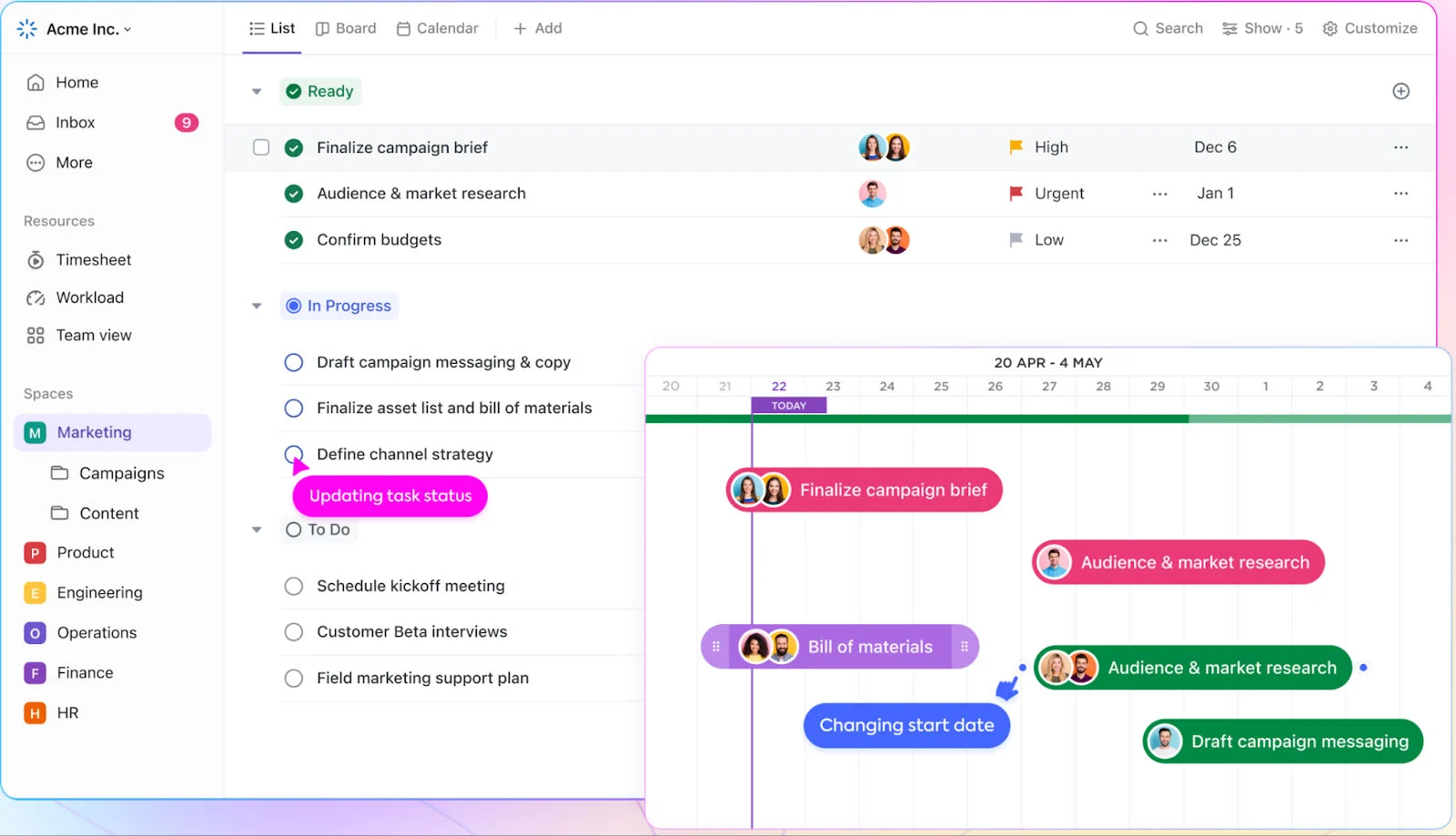 ClickUp list view with a pop up window for task dependencies.