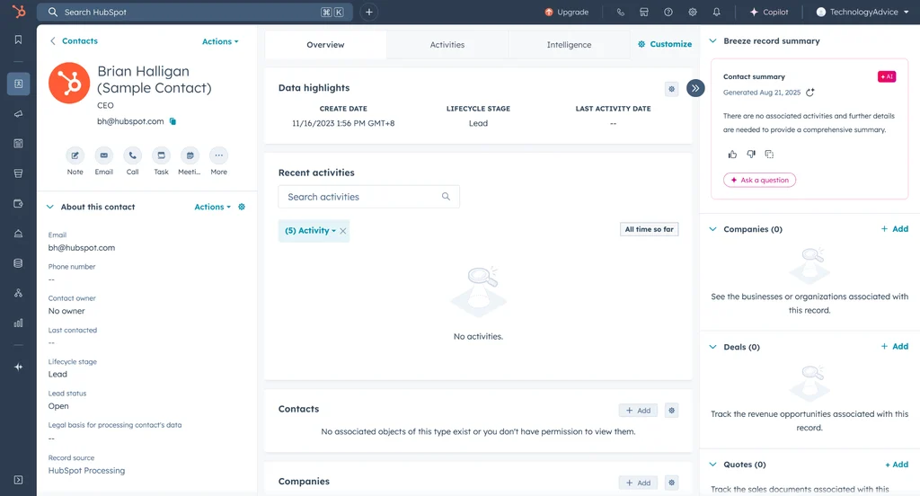HubSpot's CRM with information about leads' contact details and recent activity.