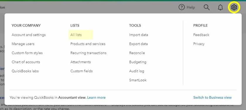 Image showing QuickBooks Online settings with emphasis on Lists