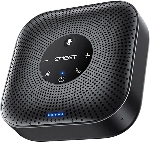 Conference device with speakers, a microphone, volume control, and call controls, in one nifty box.