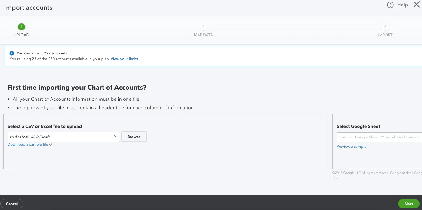 Screen where you can upload a chart of accounts in QuickBooks Online