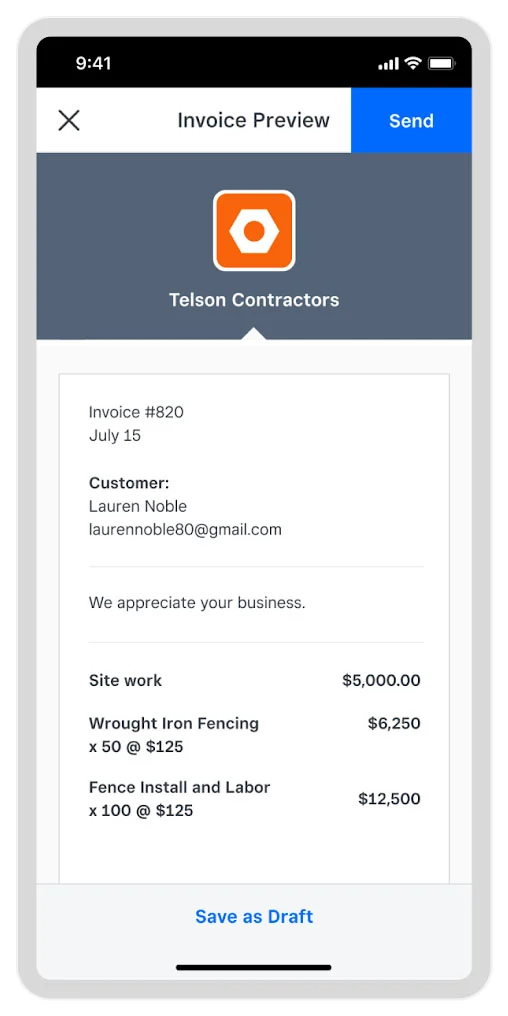 Sample Square invoice for contractors.